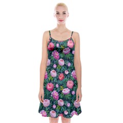 Delicate Watercolor Peony Spaghetti Strap Velvet Dress by SychEva