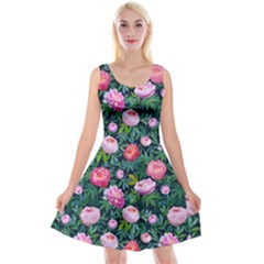 Delicate Watercolor Peony Reversible Velvet Sleeveless Dress by SychEva