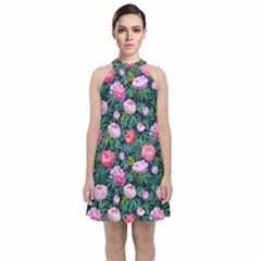 Delicate Watercolor Peony Velvet Halter Neckline Dress  by SychEva