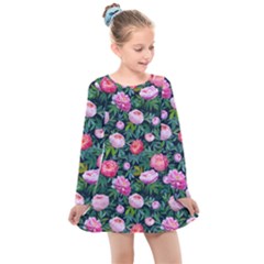 Delicate Watercolor Peony Kids  Long Sleeve Dress by SychEva