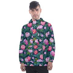 Delicate Watercolor Peony Men s Front Pocket Pullover Windbreaker by SychEva