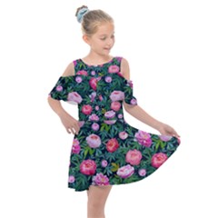 Delicate Watercolor Peony Kids  Shoulder Cutout Chiffon Dress by SychEva