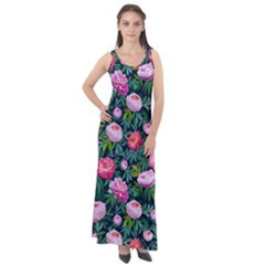 Delicate Watercolor Peony Sleeveless Velour Maxi Dress by SychEva