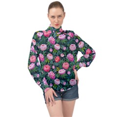 Delicate Watercolor Peony High Neck Long Sleeve Chiffon Top by SychEva