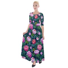 Delicate Watercolor Peony Half Sleeves Maxi Dress by SychEva