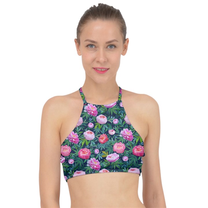 Delicate Watercolor Peony Racer Front Bikini Top