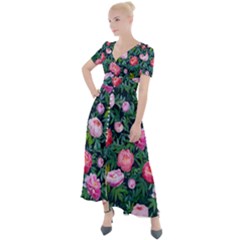 Delicate Watercolor Peony Button Up Short Sleeve Maxi Dress by SychEva