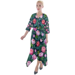 Delicate Watercolor Peony Quarter Sleeve Wrap Front Maxi Dress by SychEva