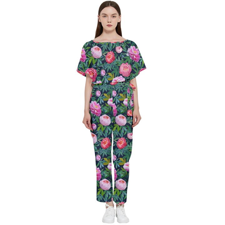 Delicate Watercolor Peony Batwing Lightweight Jumpsuit