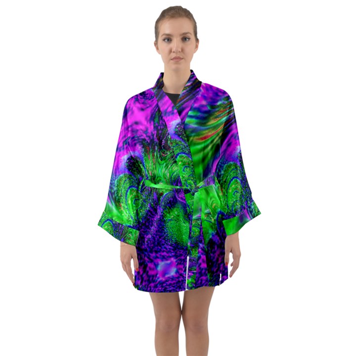 Feathery Winds Long Sleeve Satin Kimono