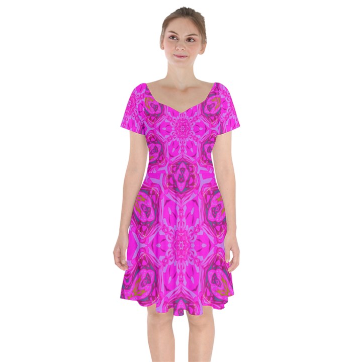 Purple Flower 2 Short Sleeve Bardot Dress