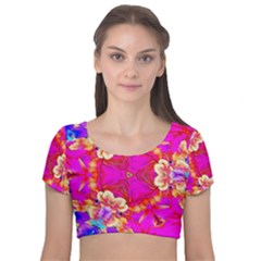 Pink Beauty Velvet Short Sleeve Crop Top 