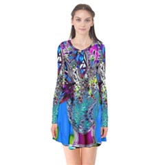 Exotic Flowers In Vase Long Sleeve V-neck Flare Dress by LW323