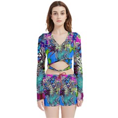 Exotic Flowers In Vase Velvet Wrap Crop Top And Shorts Set by LW323