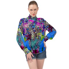 Exotic Flowers In Vase High Neck Long Sleeve Chiffon Top by LW323