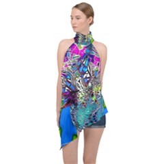 Exotic Flowers In Vase Halter Asymmetric Satin Top by LW323