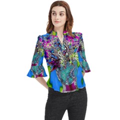 Exotic Flowers In Vase Loose Horn Sleeve Chiffon Blouse