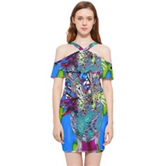 Exotic Flowers In Vase Shoulder Frill Bodycon Summer Dress by LW323