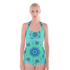 Blue Green  Twist Boyleg Halter Swimsuit  by LW323