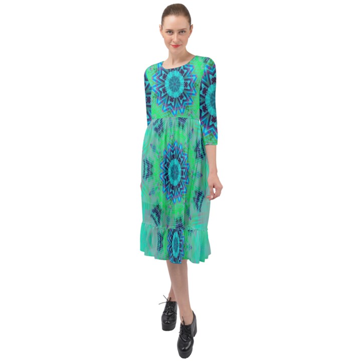 Blue green  Twist Ruffle End Midi Chiffon Dress