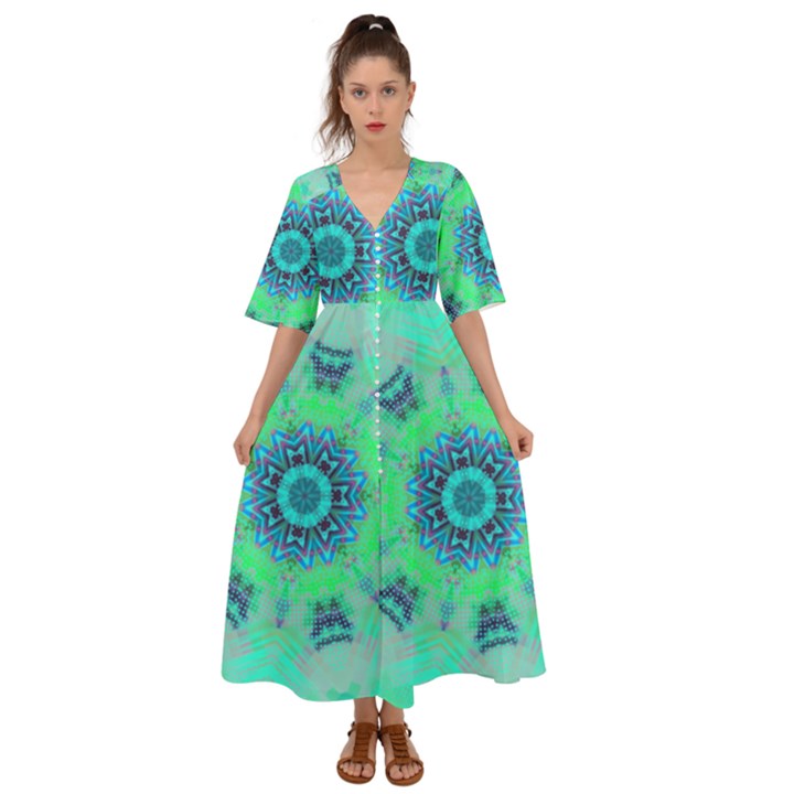 Blue green  Twist Kimono Sleeve Boho Dress