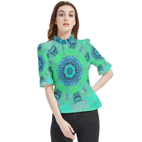 Blue Green  Twist Frill Neck Blouse by LW323