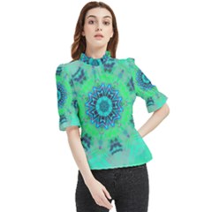 Blue Green  Twist Frill Neck Blouse