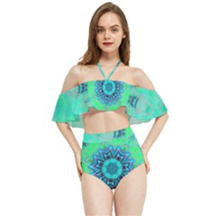 Blue Green  Twist Halter Flowy Bikini Set 