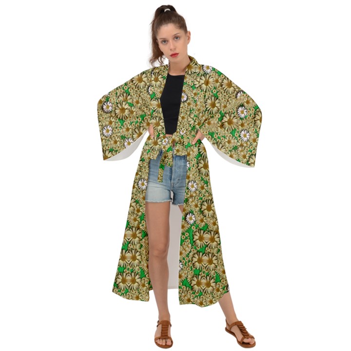 Florals In The Green Season In Perfect  Ornate Calm Harmony Maxi Kimono