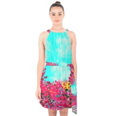 Flowers Halter Collar Waist Tie Chiffon Dress by LW323