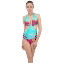 Flowers Halter Front Plunge Swimsuit by LW323