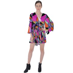 Abstract 2 V-neck Flare Sleeve Mini Dress by LW323