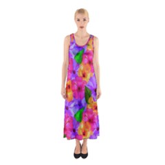 Watercolor Flowers  Multi-colored Bright Flowers Sleeveless Maxi Dress by SychEva