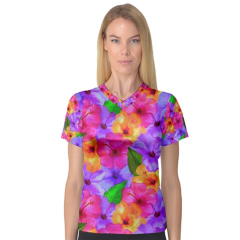 Watercolor Flowers  Multi-colored Bright Flowers V-neck Sport Mesh Tee by SychEva