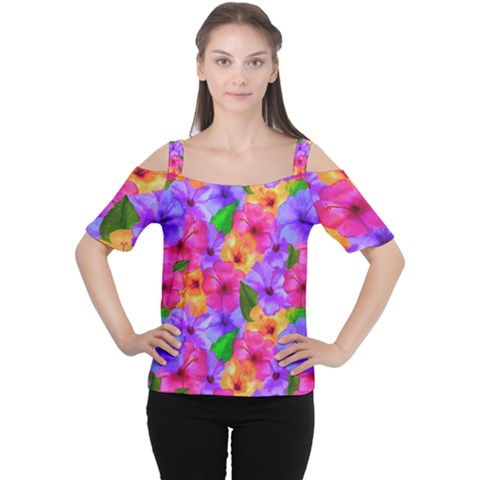 Watercolor Flowers  Multi-colored Bright Flowers Cutout Shoulder Tee by SychEva