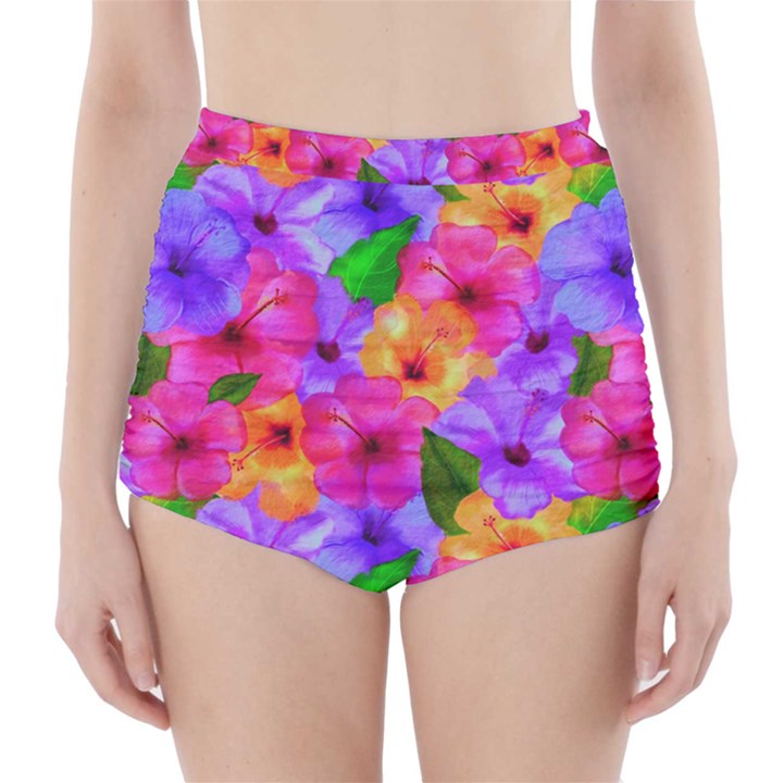 Watercolor Flowers  Multi-colored Bright Flowers High-Waisted Bikini Bottoms