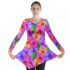 Watercolor Flowers  Multi-colored Bright Flowers Long Sleeve Tunic  by SychEva