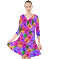 Watercolor Flowers  Multi-colored Bright Flowers Quarter Sleeve Front Wrap Dress by SychEva