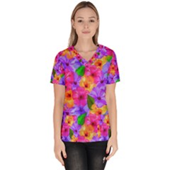 Watercolor Flowers  Multi-colored Bright Flowers Women s V-neck Scrub Top by SychEva