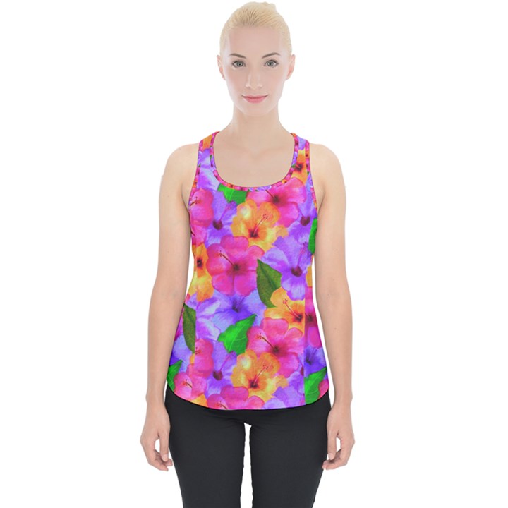 Watercolor Flowers  Multi-colored Bright Flowers Piece Up Tank Top