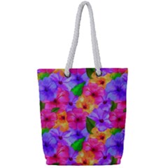 Watercolor Flowers  Multi-colored Bright Flowers Full Print Rope Handle Tote (small) by SychEva