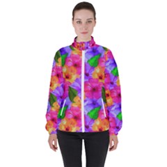 Watercolor Flowers  Multi-colored Bright Flowers Women s High Neck Windbreaker by SychEva