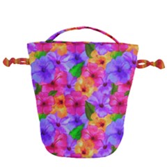 Watercolor Flowers  Multi-colored Bright Flowers Drawstring Bucket Bag by SychEva