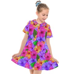 Watercolor Flowers  Multi-colored Bright Flowers Kids  Short Sleeve Shirt Dress by SychEva