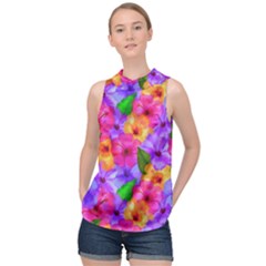 Watercolor Flowers  Multi-colored Bright Flowers High Neck Satin Top by SychEva