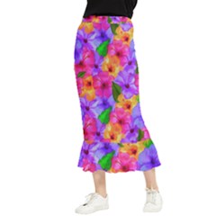 Watercolor Flowers  Multi-colored Bright Flowers Maxi Fishtail Chiffon Skirt