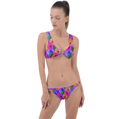 Watercolor Flowers  Multi-colored Bright Flowers Ring Detail Crop Bikini Set by SychEva