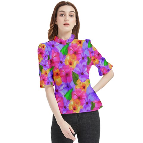 Watercolor Flowers  Multi-colored Bright Flowers Frill Neck Blouse by SychEva