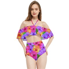 Watercolor Flowers  Multi-colored Bright Flowers Halter Flowy Bikini Set  by SychEva