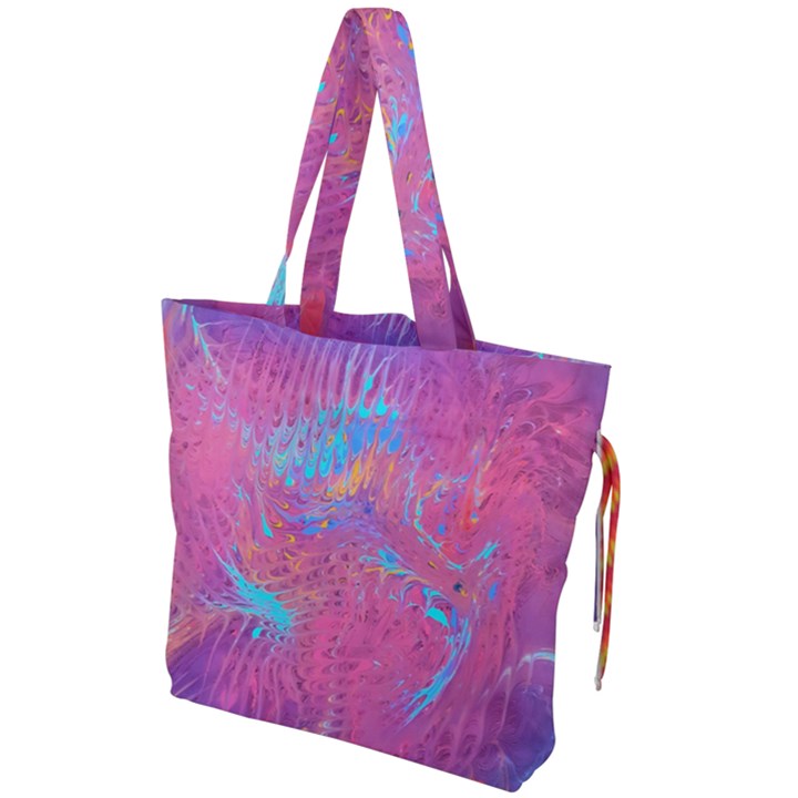 Magenta on blue feathers Drawstring Tote Bag